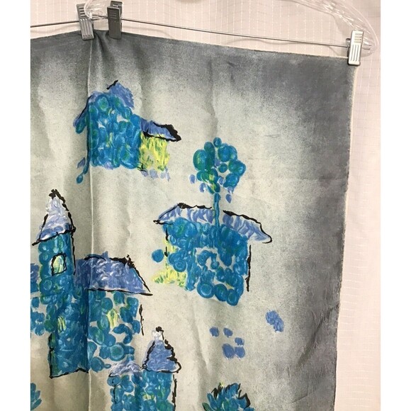 Vintage Womens Silk Scarf Gray Blue Village Motifs Church 30"x30" Square - Picture 5 of 6